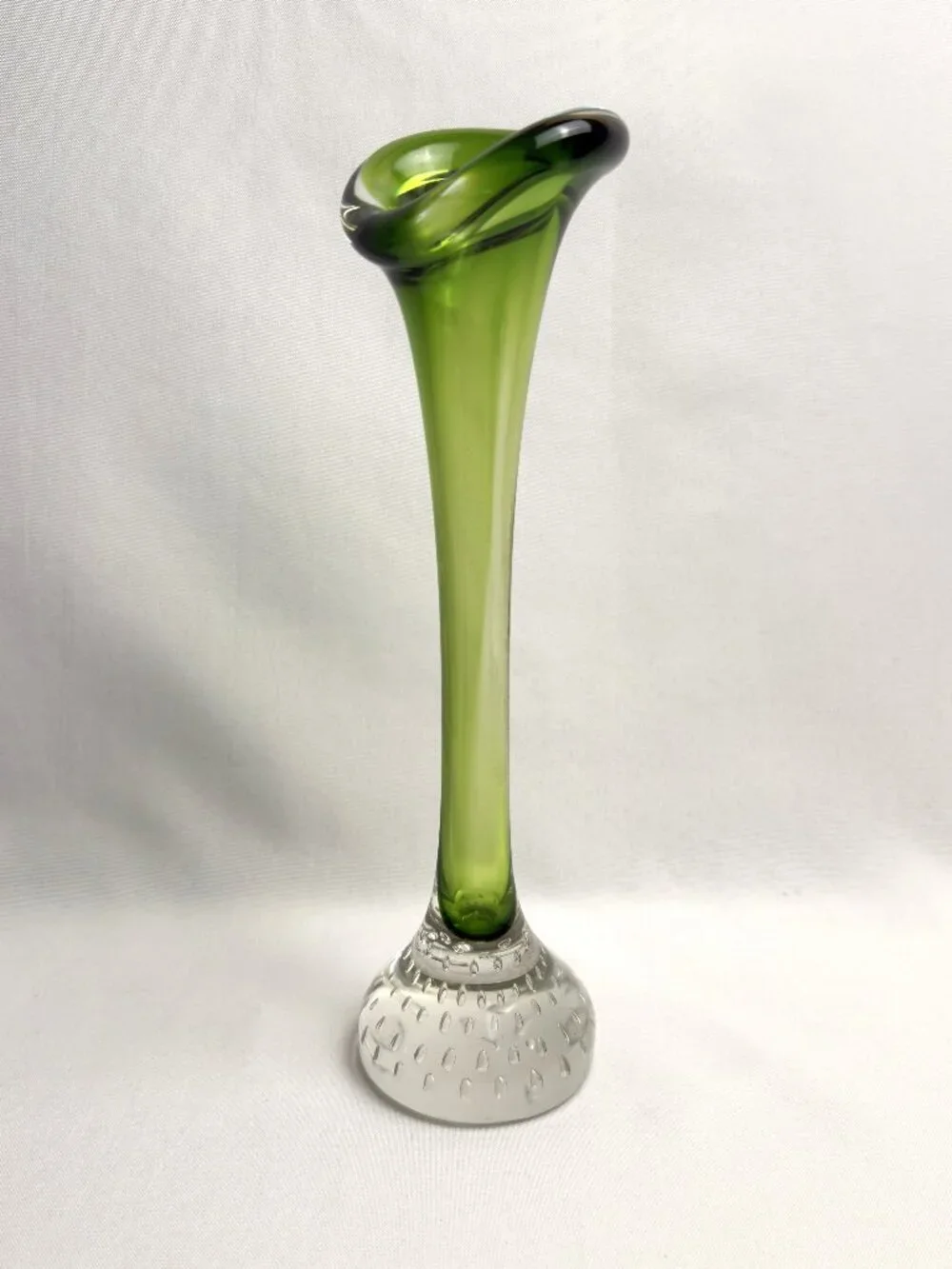 Swedish Hand-Blown Vintage Green Art Glass Bone Vase Aseda Glasbruk 10” H